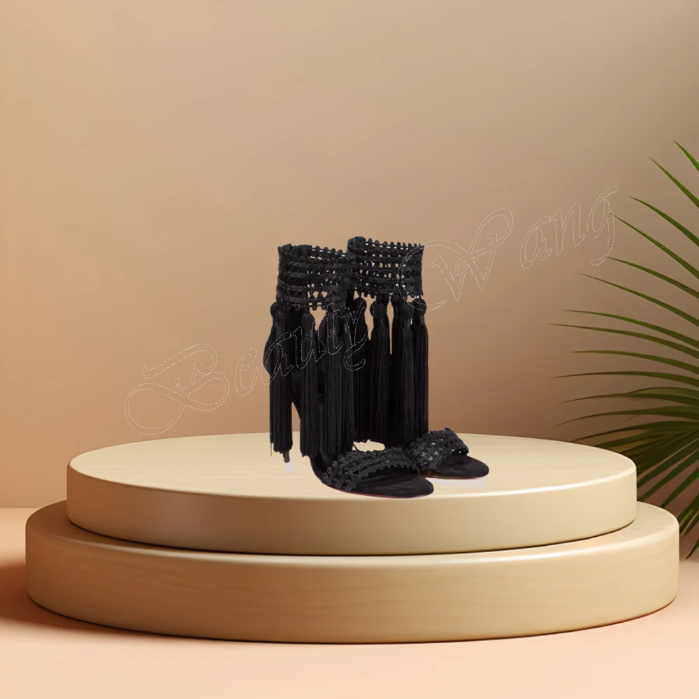 

Black Fringe Decor Sandals Open Round Toe Sexy Shoes Thin High Heel Shoes for Women Runway High Heels 2024 Zapatillas Mujer