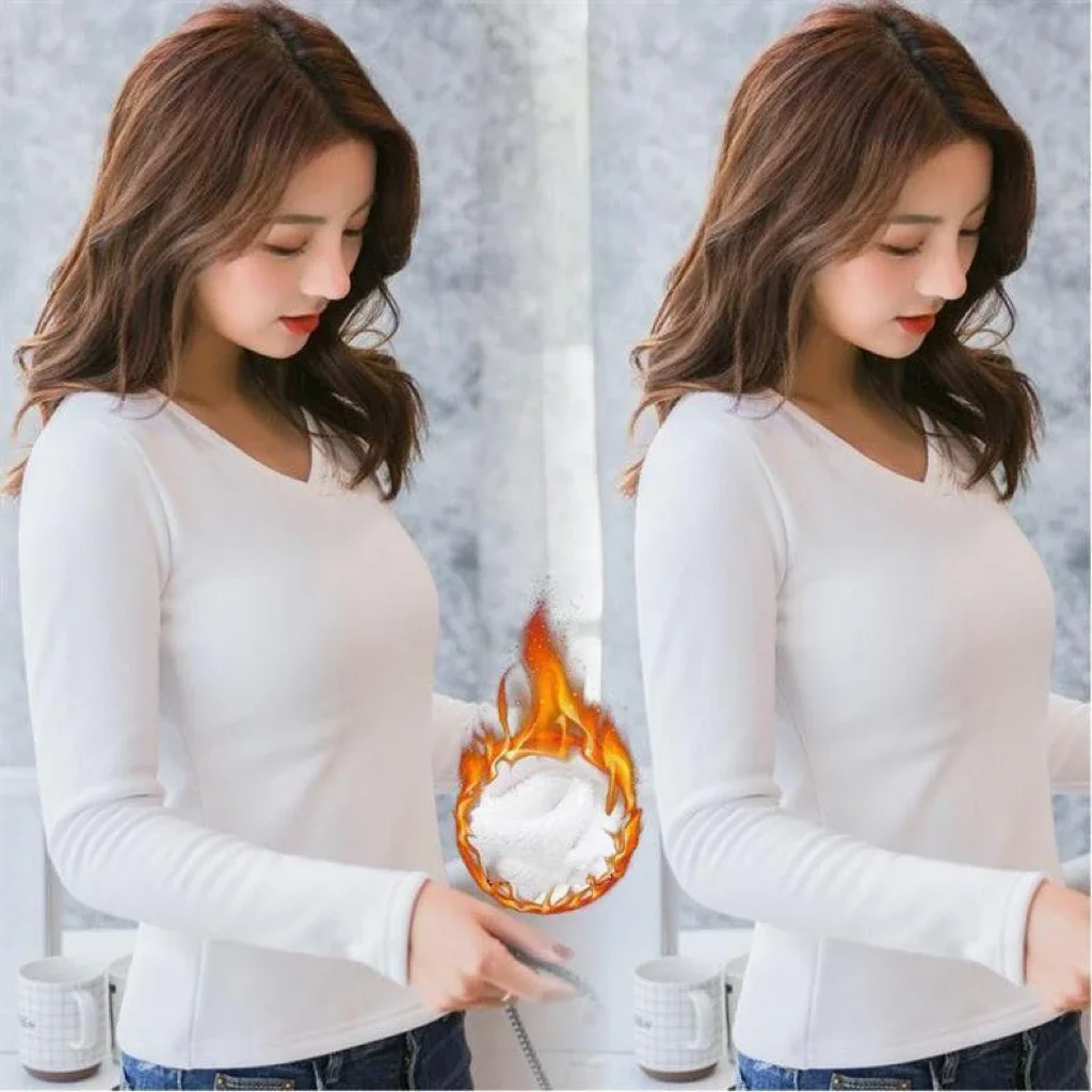 1 Uds. Camiseta de manga larga de Otoño Invierno para mujer, ropa interior térmica de terciopelo grueso, Top ajustado a la moda, nuevo estilo con cuello en V