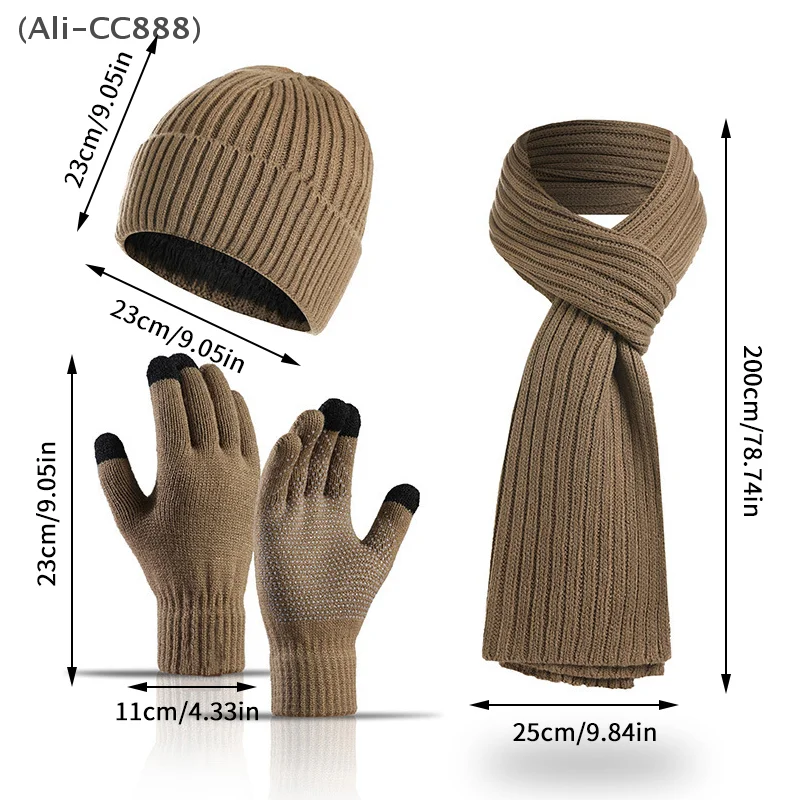 6 Color Winter Keep Warm Knitted Padded Thickened Gloves Beanies Hat Scarf Three-piece Set