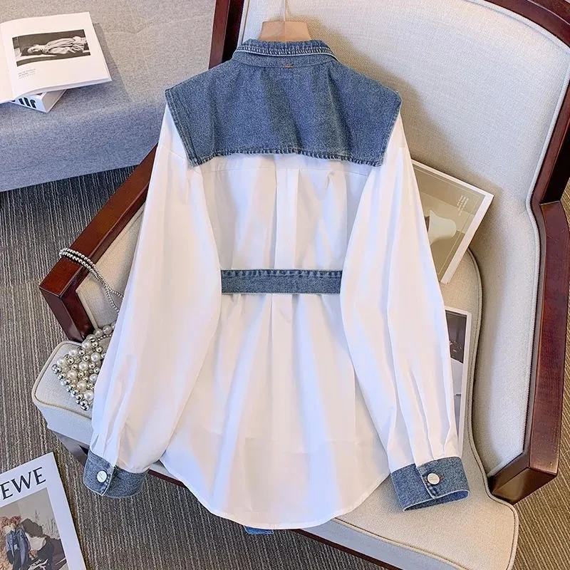 Women's Denim Shirt Spring Summer 2024 Long Sleeve Temperament Splicing Ladies Tops Fake Two Pieces Fashion Loose Lady Blouse