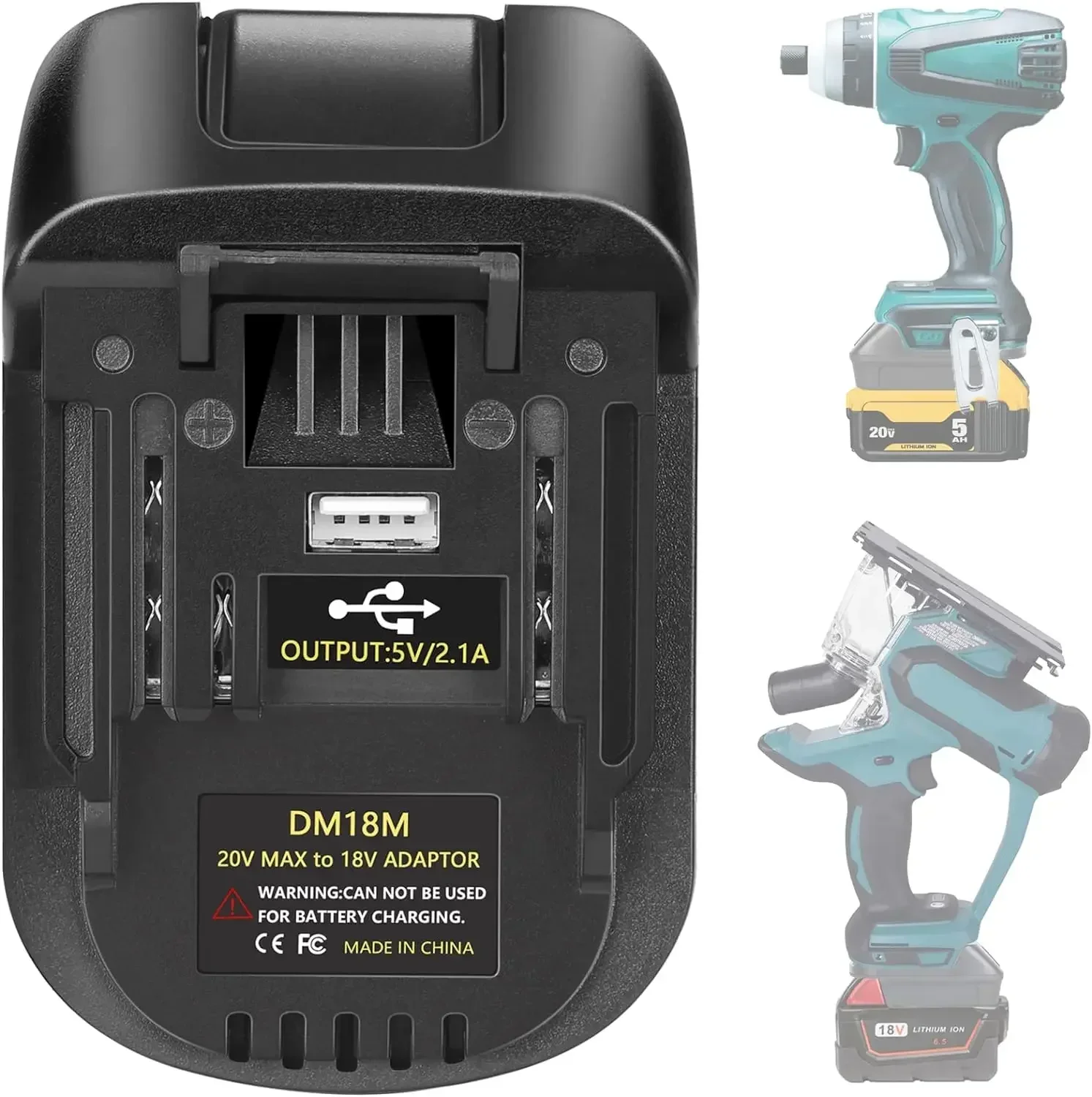 DM18M Battery Adapter with USB for Dewalt 20V Battery & for Milwaukee 18V Lithium Battery Converter to For Makita 18V Tools Use