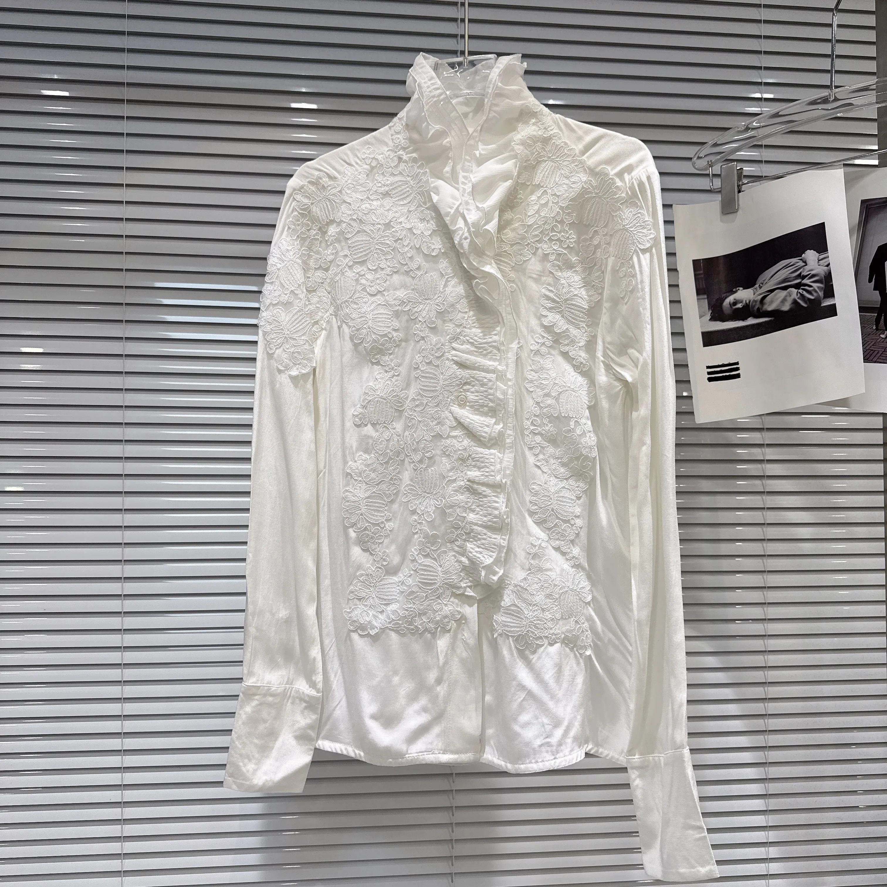 

2026 Spring New French Style Lace Embroidery Crochet Stand Collar Long Sleeve Shirt for Women, White Blouse for Ladies Basic Top