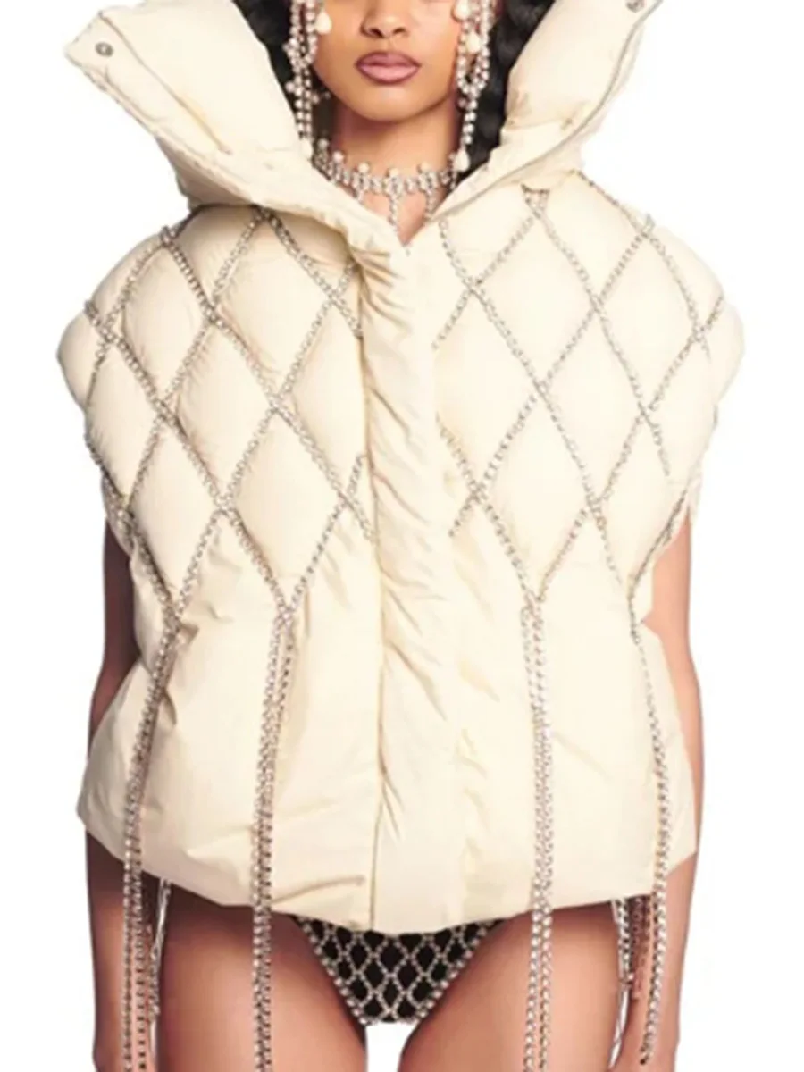 

Winter Women's Handmade Rhinestone Vest Crystal Chain Decorated Cotton Padded Sleeveless Jacket Party Wear Waistcoat Keep Warm