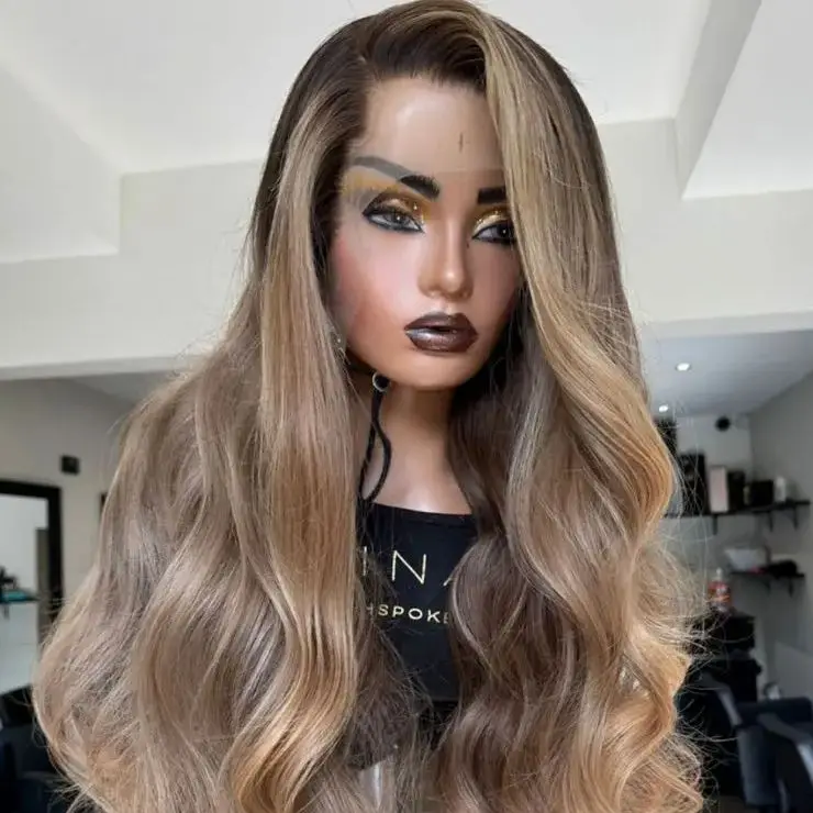 

Ready to Ship Long Wavy Luxury Synthetic Lace Wig Highlight Chocolate Brown Wig for Women Daily Cosplay Use Heat Resistant Fibre