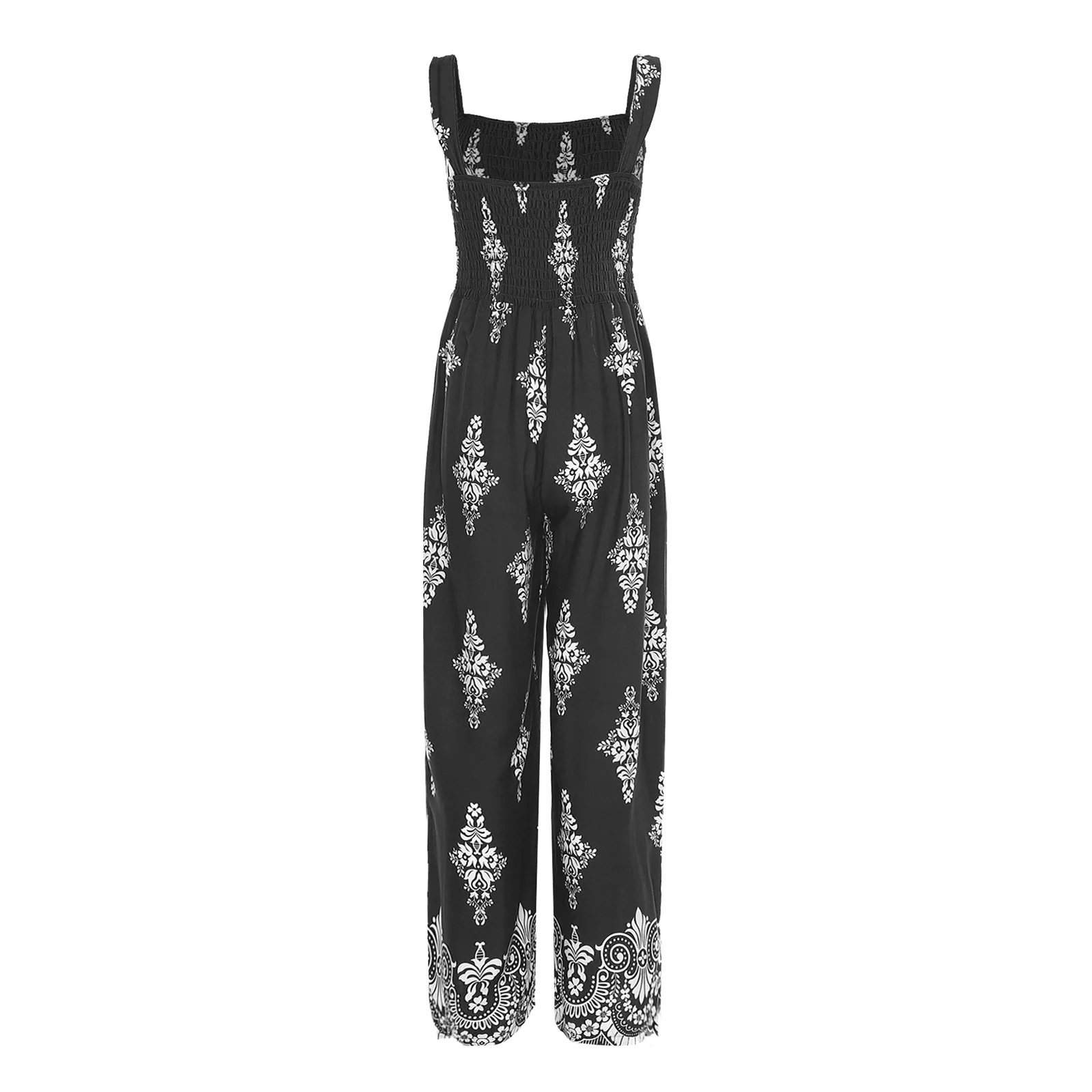 Boho Style Print Sling Rompers for Womens Vocation Travel Casual Costume Elastic Bodice Wide Leg Long Pants High Waist Jumpsuits
