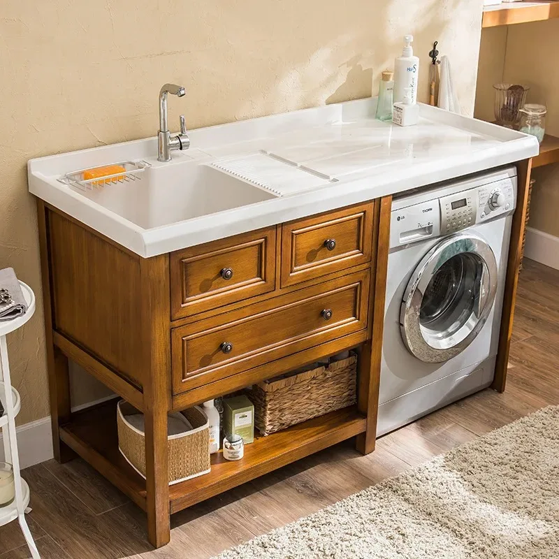 Gabinete de lavandería combinado, balcón, lavadora, gabinete, piscina, superficie de baño, lavabo con tabla de lavar, madera maciza de roble