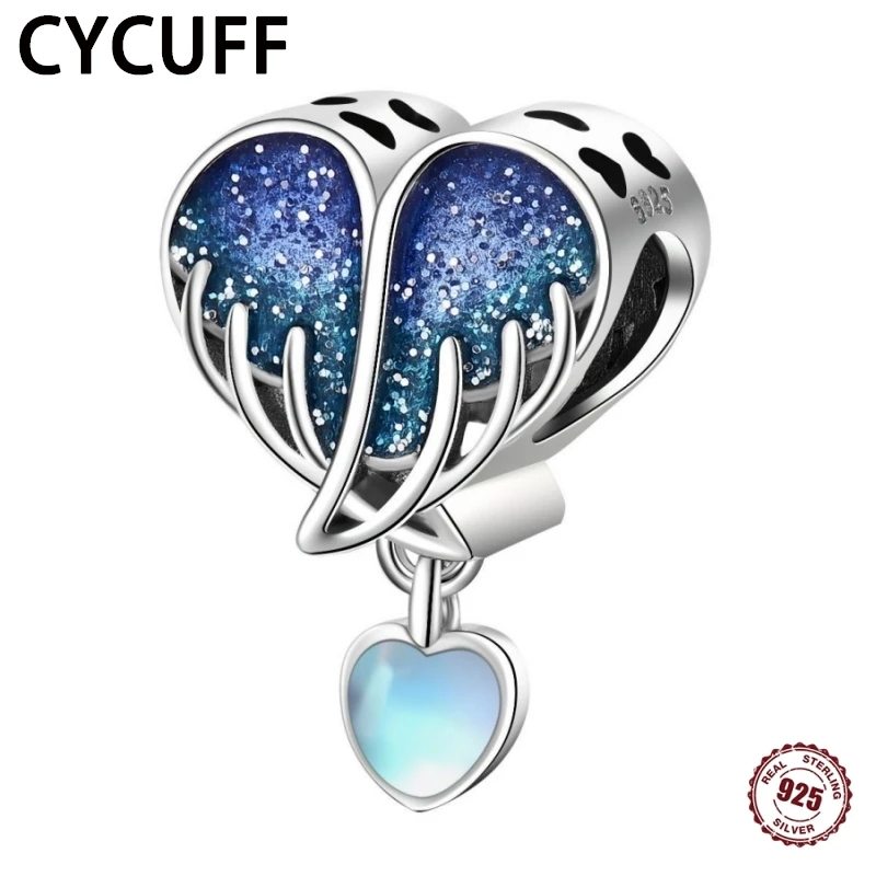 CYCUFF 925 Sterling Silver Flashing Wings Moonstone Blue Beads Fit Bracelets DIY Party Decoration Women Charms Fine Jewelry Gift