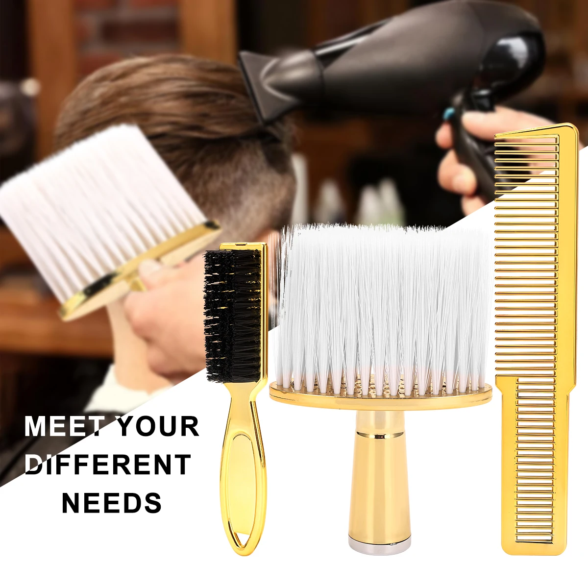 3Pcs Professional Barber Kit: Neck Duster, Hair Cutting Comb, Beard Brush for Men Salon & Barbershop Styling Tools