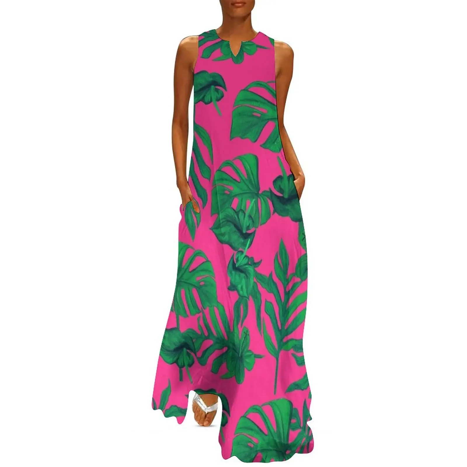 

Pink tropical pattern Long Dress prom dresses Summer women"s clothing Bride dresses dresses for women