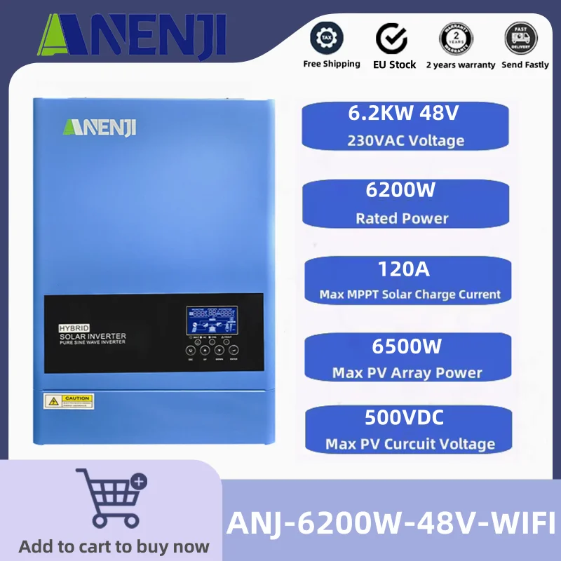 6.2KW Hybrydowy falownik solarny 48V 230V Czysta fala sinusoidalna Inwerter off-grid Wbudowany kontroler ładowania słonecznego 120A MPPT UE w