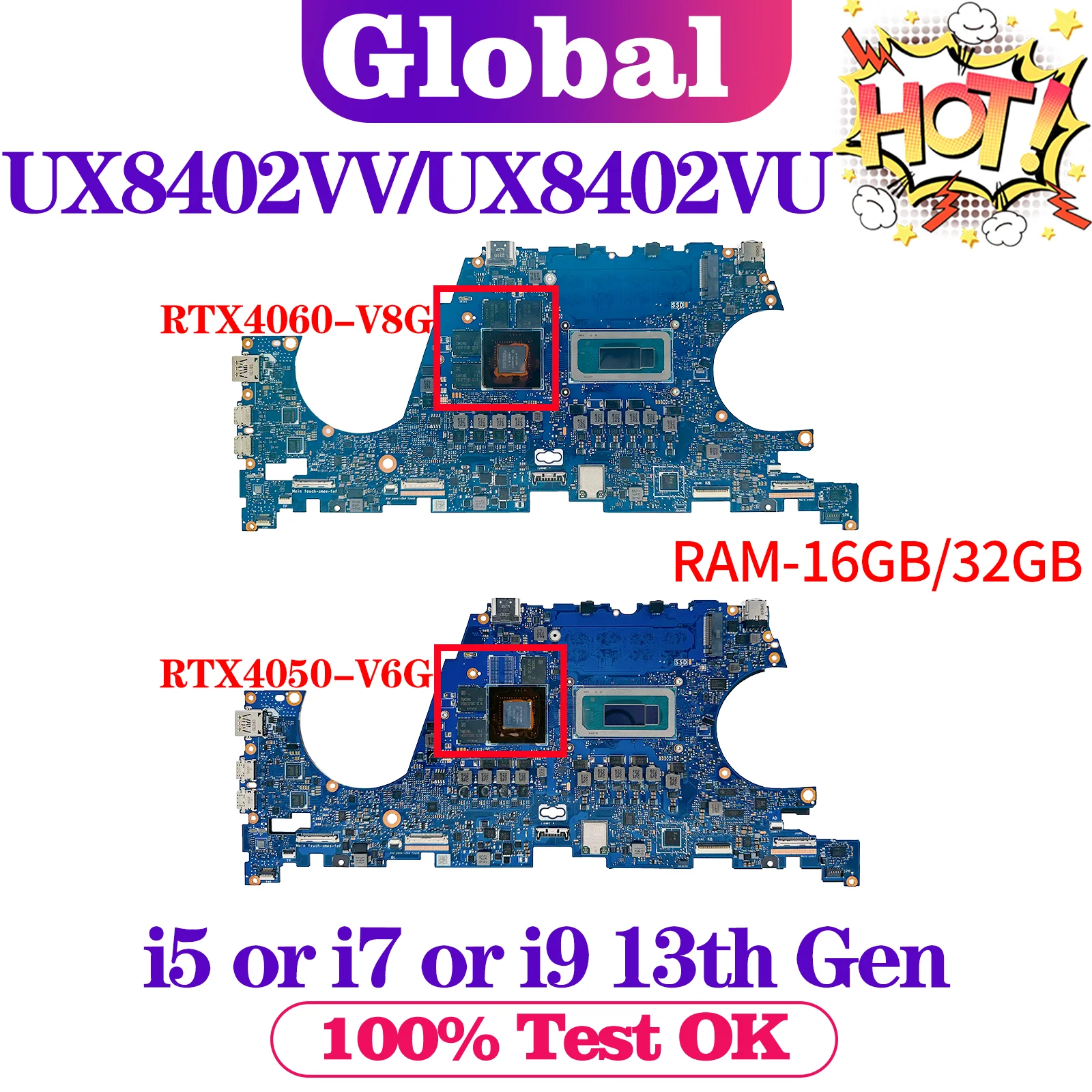 KEFU UX8402V Mainboard For ASUS UX8402VV UX8402VU BX8402V RX8402V Laptop Motherboard i5 i7 i9 13th RTX4060/RTX4050 RAM-16GB/32GB