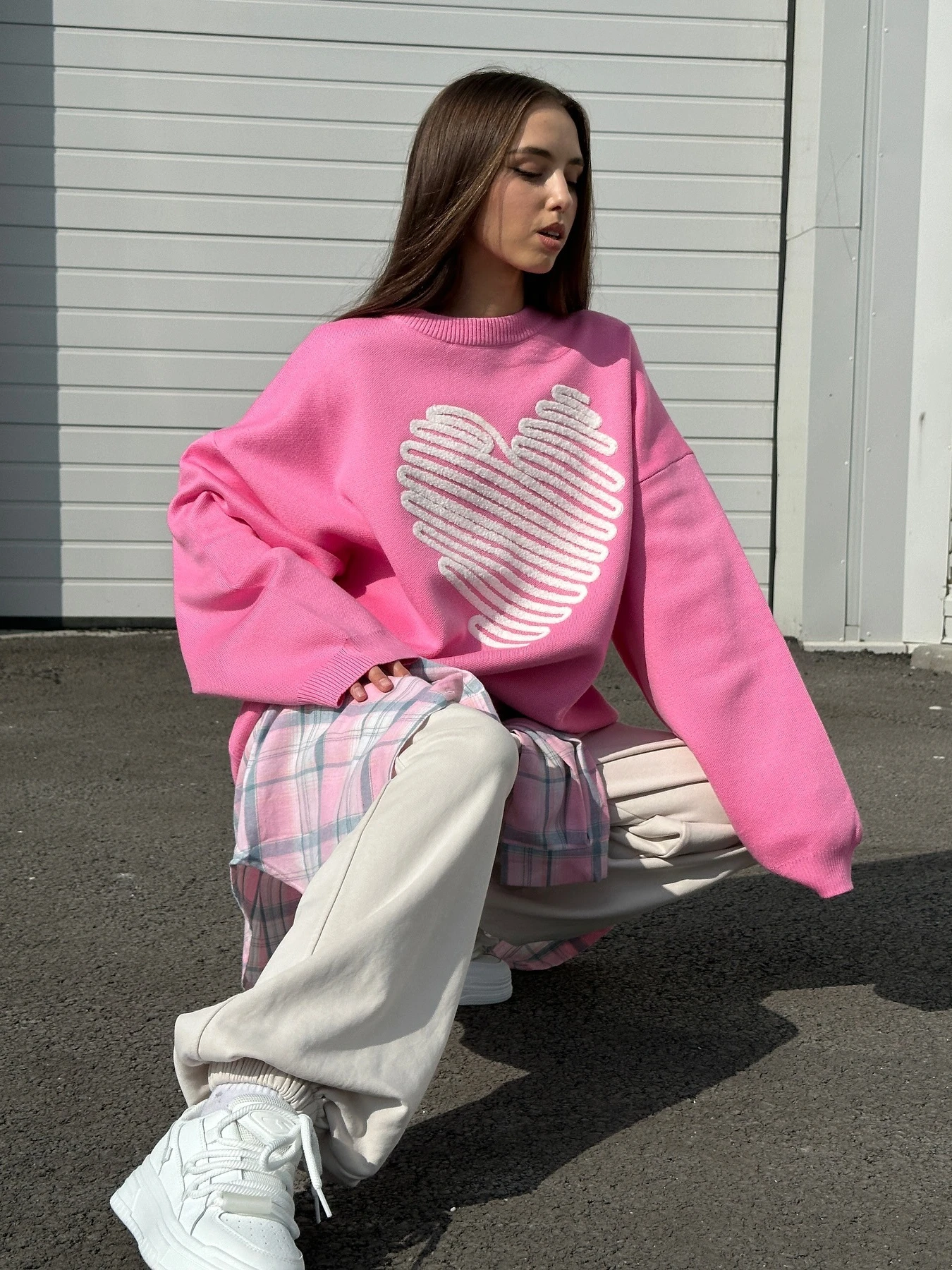 Deeptown Oversized Love Heart Graphics Embroidery Sweater Women Sweet Pink White Knitted Pullover Casual Jumper Long Sleeve Tops