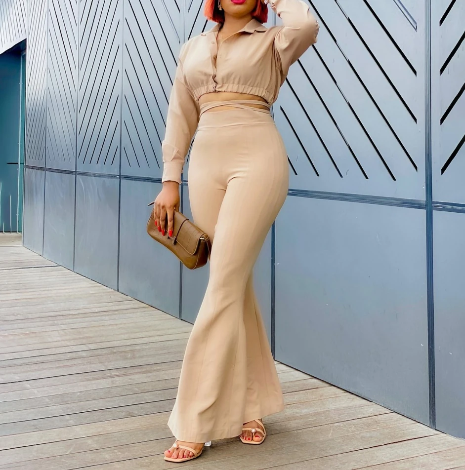Two Piece Set Women Outfit 2024 Spring Turn-Down Collar Long Sleeved Button Crop Top & Casual High Waist Flared Pants Set