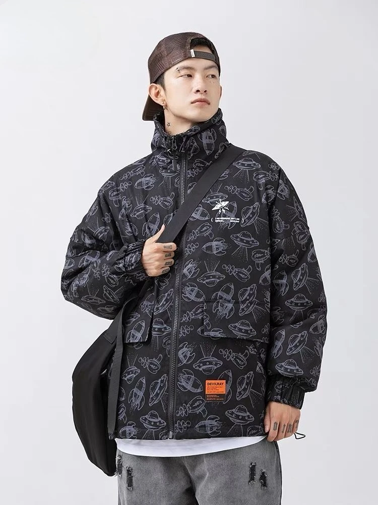 2025 Winter New Fashion Unisex Hooded Print Jacket Loose Fit Thickened Casual Stand Collar Outerwear Trendy Versatile