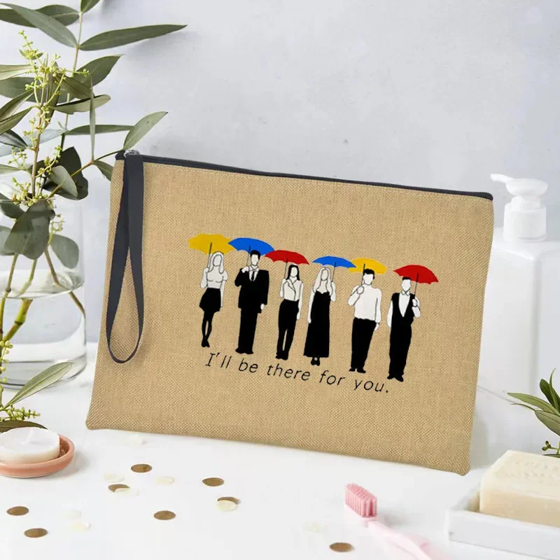 Trousse de maquillage graphique de dessin animé, je serai là pour vous, sac cosmétique décontracté en lin, cadeau de fête d'anniversaire pour des amis, étuis à crayons drôles