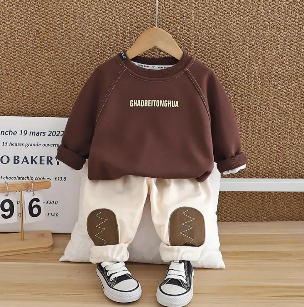 Boys Handsome Outfits 1 To 5 Years Children Clothing Suit Kids Solid Colour Letter Pullover Hoodies and Pants Casual Tracksuits