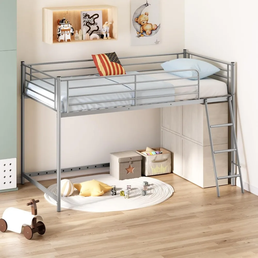 

Low Loft Bed with Inclined Ladder, Metal Twin Size Bed Frame with 15” High Guardrail for Boys Girls, Junior, Space Saving