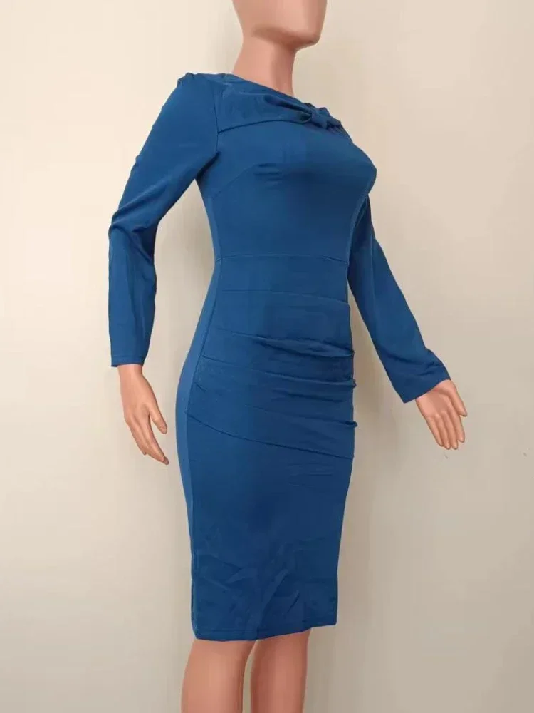 Mulheres Elegante Vestido Bodycon Manga Longa, Decote Curvo, Ruched Vestidos Midi, Retro Elegante senhoras, Roupa de Festa de Aniversário, Outono, Bonito, 2022