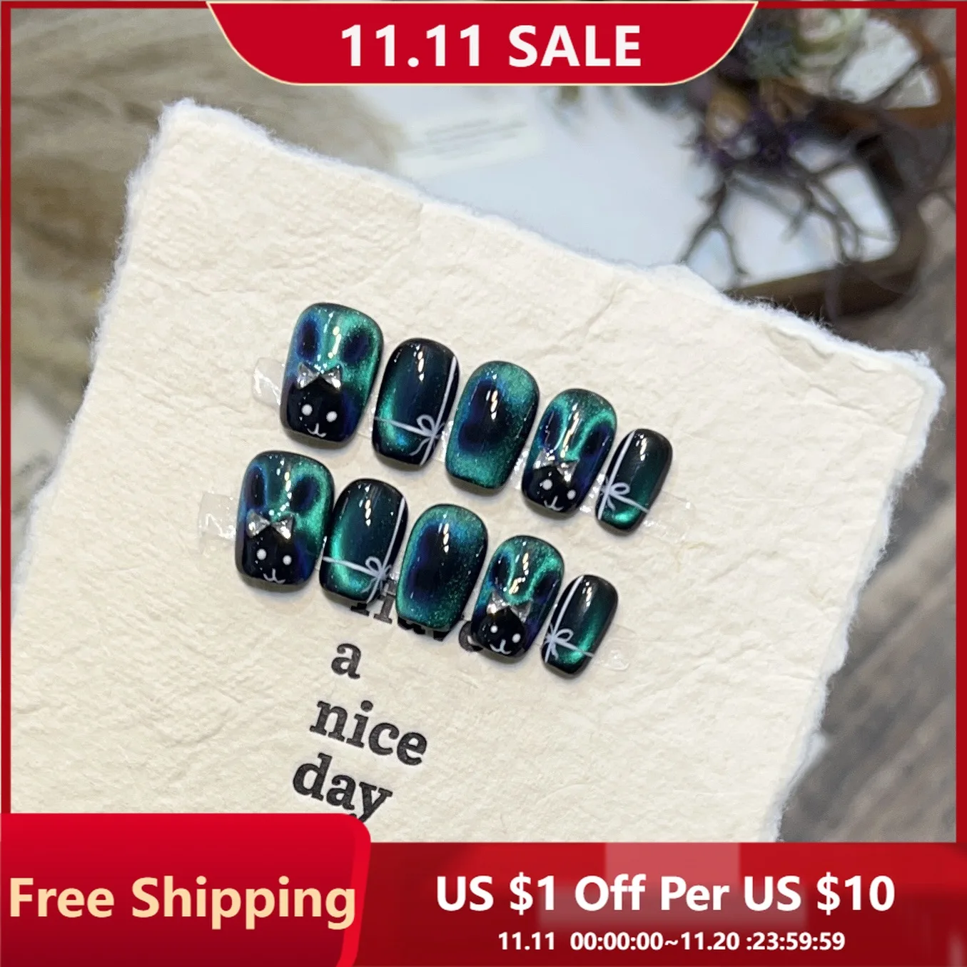 

10pcs Handmade Press on Nails Cat-Eye Zircon Rhinestone Butterfly Rabbit Nail Tips for Women&Girl Detachable Wearable False Nail