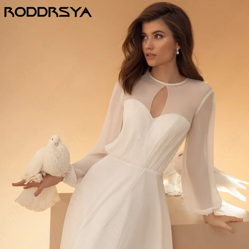 RODDRSYA O-Neck Long Fuff Sleeve Wedding Dresses Elegant Chiffon A-line For Women Floor Length Illusion Back Vestidos De Novia