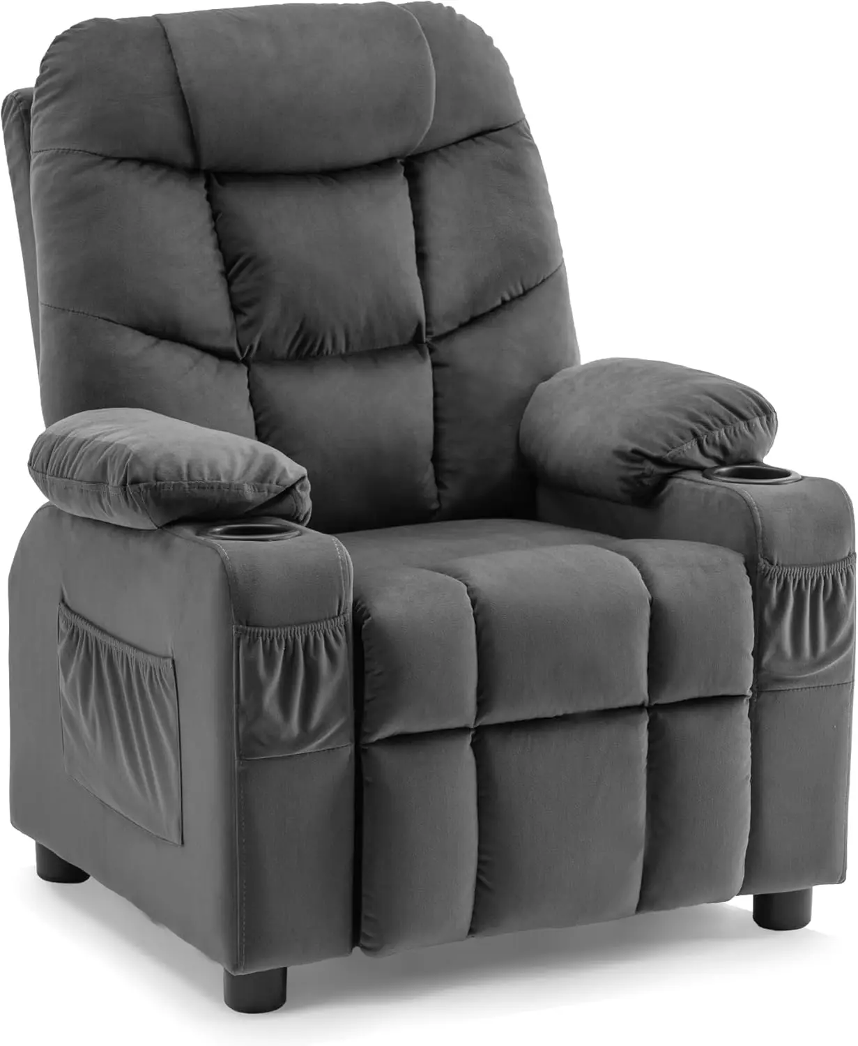 Recliner for Ages 3+, Child Recliner Chair, Toddlers Recliner Sofa with Cup Holders (Velvet, Dark Grey)