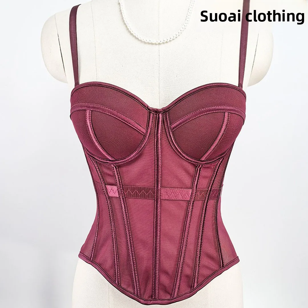 Cross-border Hot European American Solid Color Fishbone Corset Anti-Bacterial 3D Effect Waist Slimming Mesh Top Sexy Outer