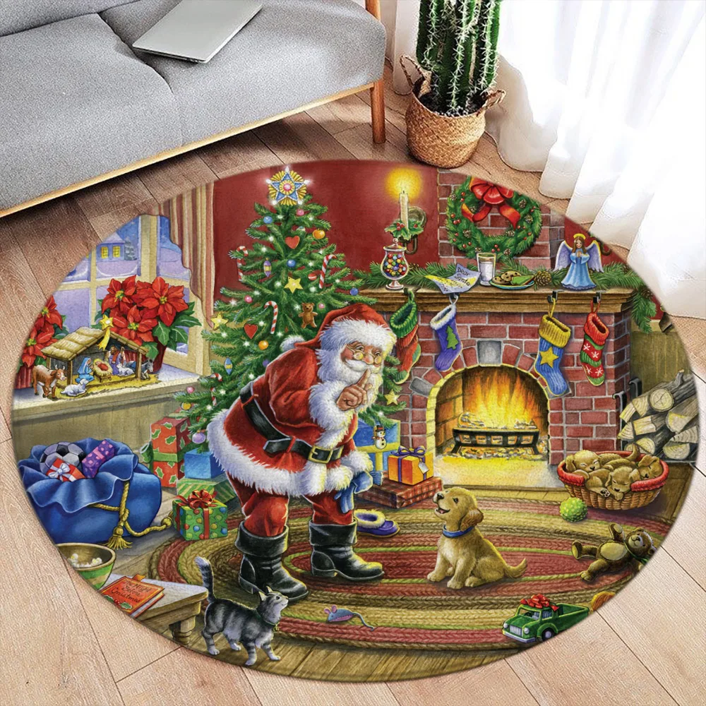 Merry Christmas Happ New Year Round Rug Winter Festival Snowman Santa Claus Bedroom Living Room Xmas Home Decor Balcony Floor Ma