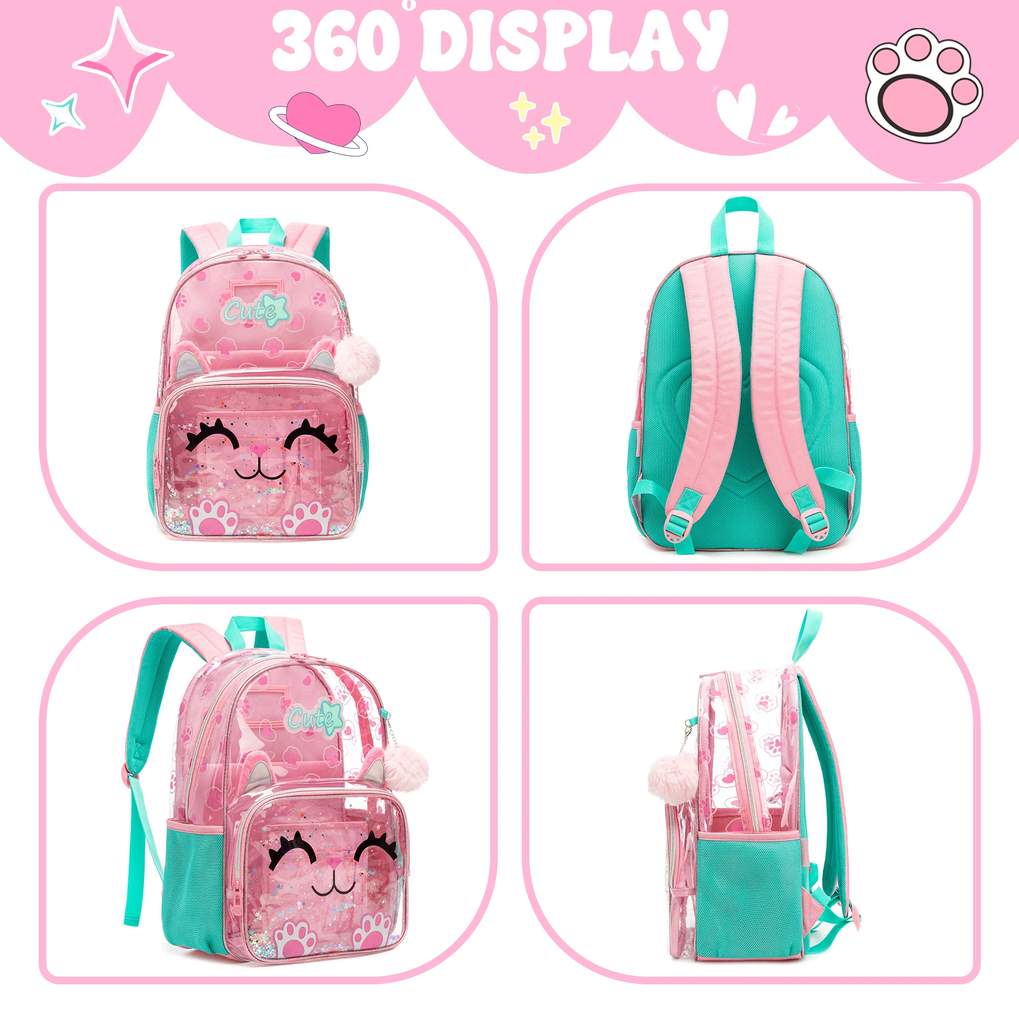 Clear Backpack Set with Lunch Box, Transparent School Bag for Boys & Girls, Kindergarten & Elementary Students view 3