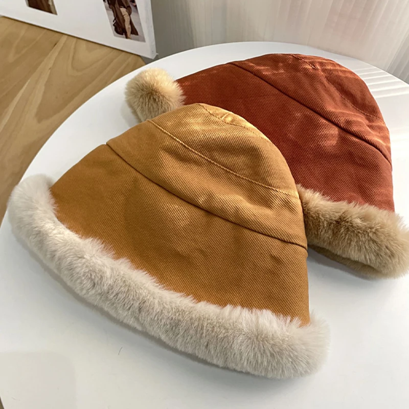 New Soft Thickened Plush Winter Bucket Hat Fashion Outdoor Warm Beanies Fisherman Hat Fashion Trend Ladies Windproof Panama Hats