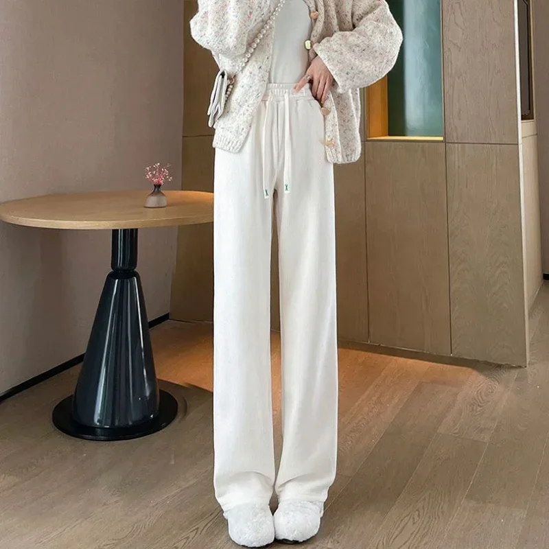 

Winter New Women Fleece Wide-Leg Pants High Waist Straight Track Pants Oversized Casual Trousers Fashion Knitted Pants