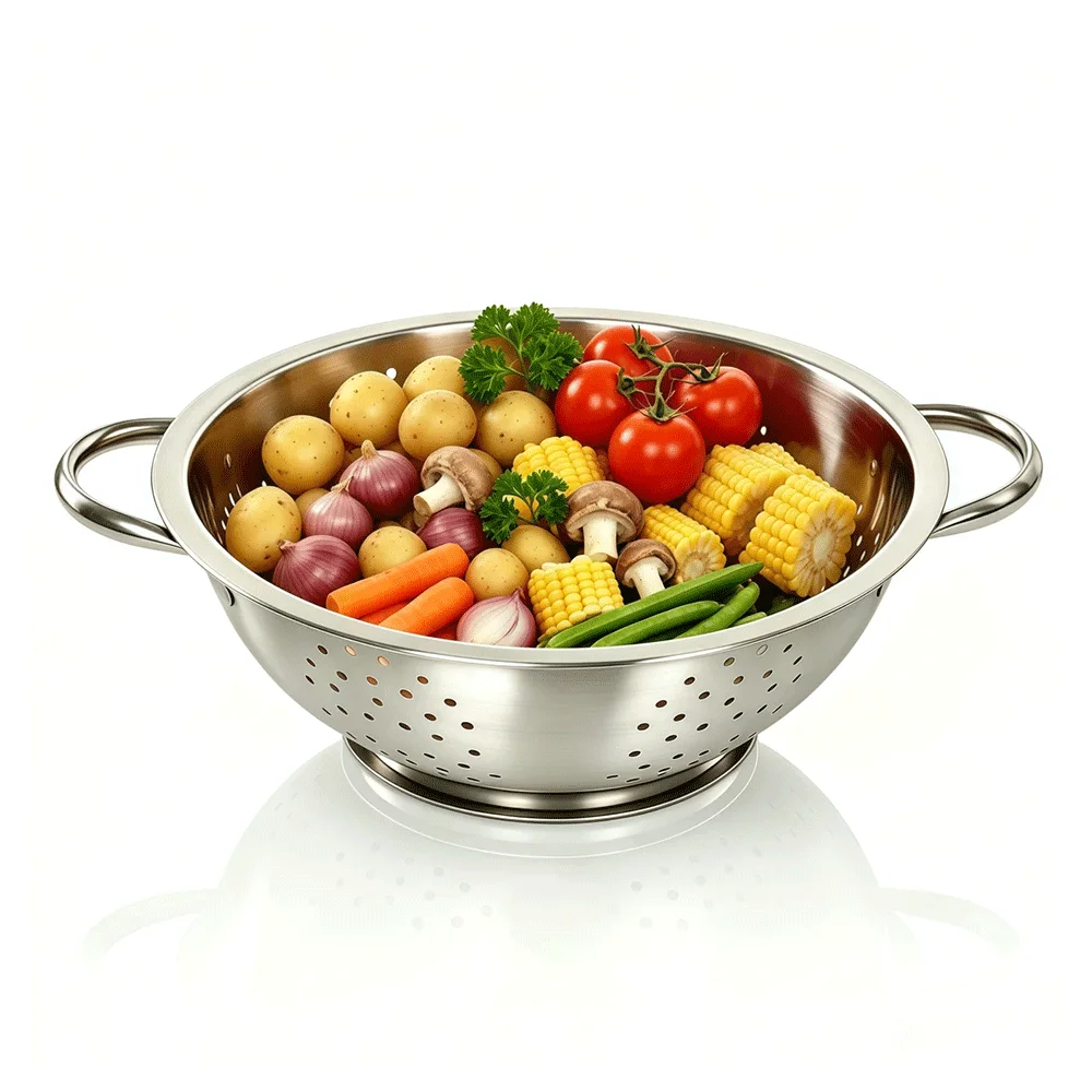 Colador de acero inoxidable resistente al óxido con asa, cesta para lavar verduras, herramienta de limpieza, colador para arroz y pasta.