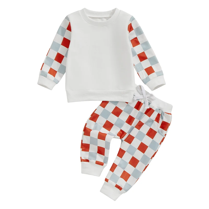 

Toddler Baby Boy Girl Fall Outfit Clothes Long Sleeve Round Neck Pullover Jumper Elastic plaid Trouser Set Infant Casual 2Pcs