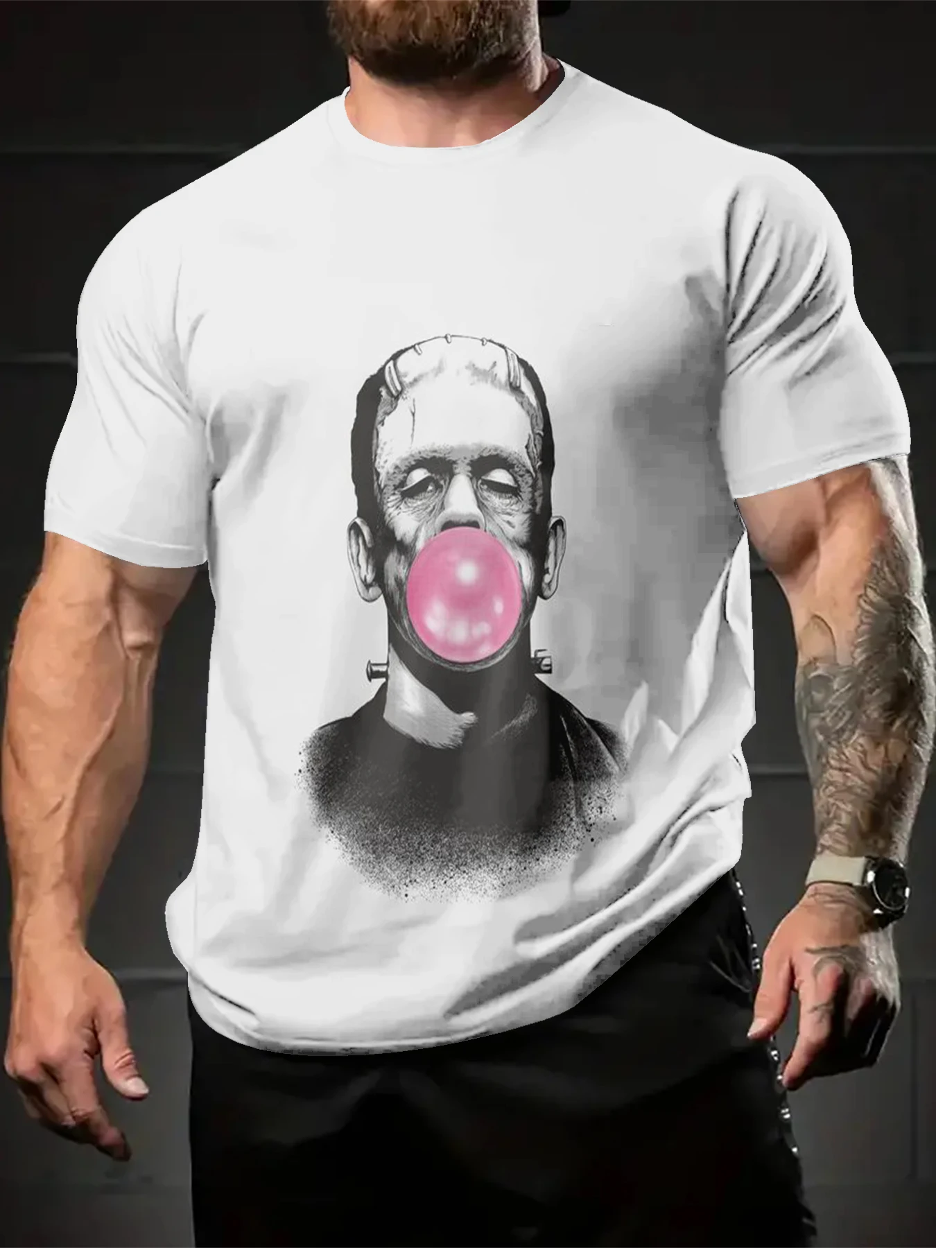 Men Daily Vacation Short Sleeve Tee, Sport T-Shirt with Light White Base Black White Sketch Portrait With Pink Bubble Gum Graphi
