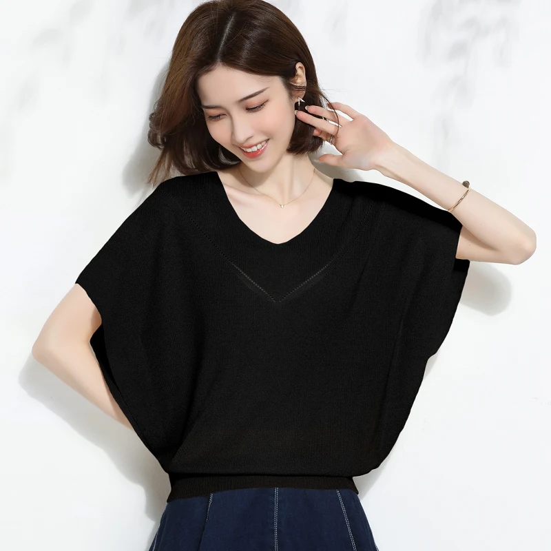 Women's Loose Blouse 2022 Summer V-Neck Knitwear Ladies Elegant Batwing Sleeve Knit Tops Female Pullover Sweater T Shirts