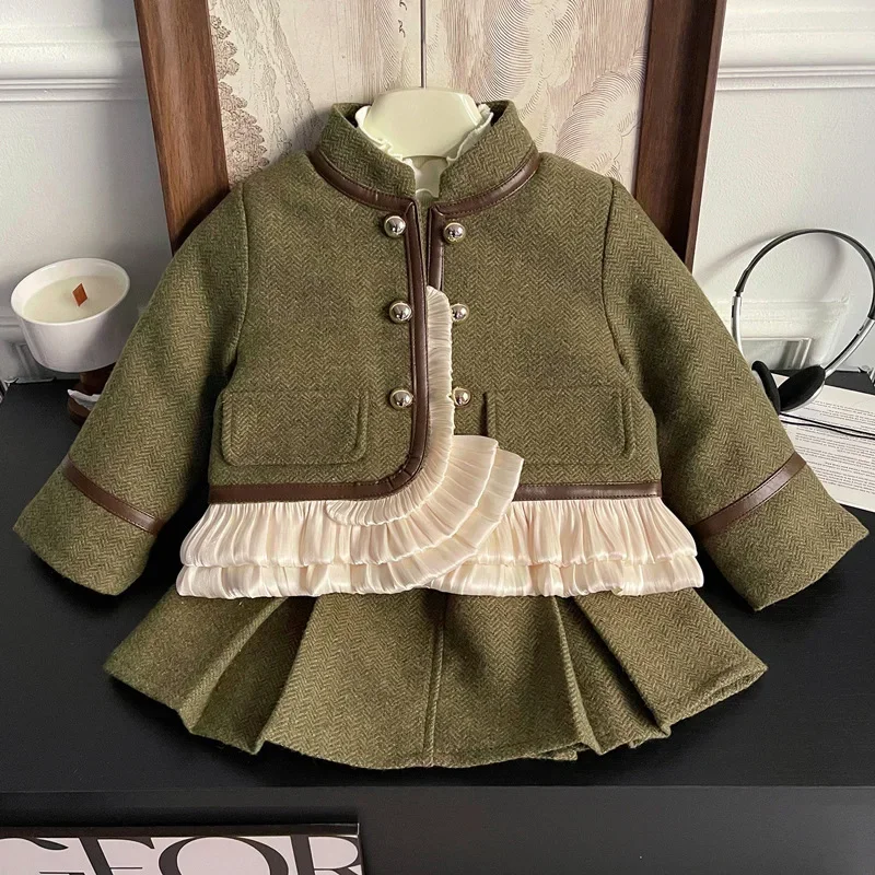 Girl Suit 2023 New Autumn Winter Fashion Style Fleece Sets Baby Girl Solid Long Sleeved Coat Thick Skirt Children Two Piece Suit