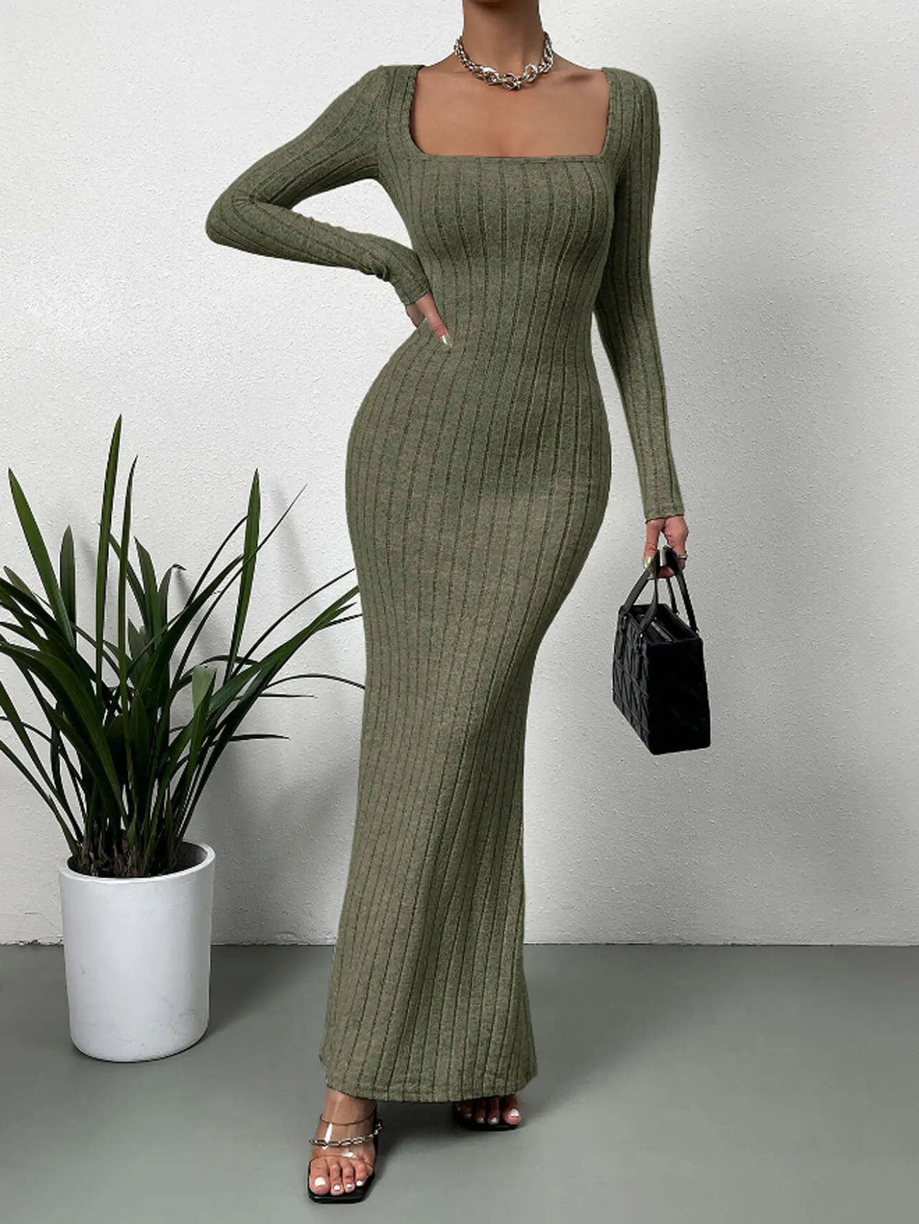 

Autumn Dresses 2025 Women's Casual Solid Color Long Sleeve Square Neck A-Line Long Dating Dresses