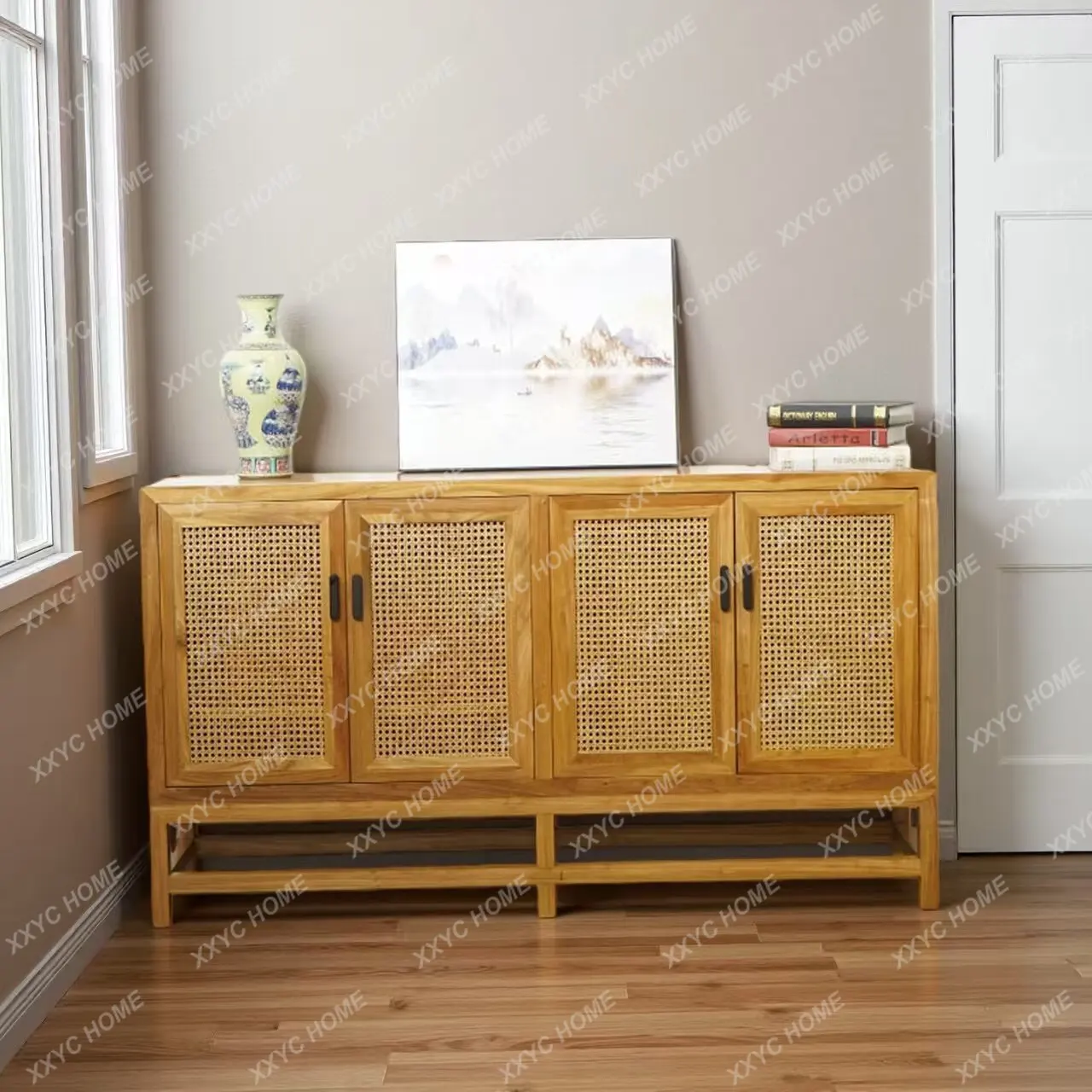 Wind solid wood dining side cabinet rattan door panel locker living room locker decorative cabinet
