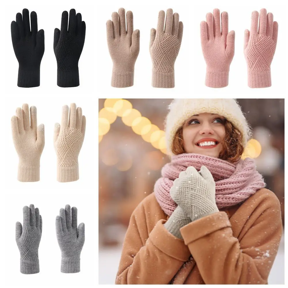 Touchscreen Design Warm Knitted Gloves Plus Velvet Windproof Full Finger Gloves Warm Solid Color Cycling gloves Women Girls