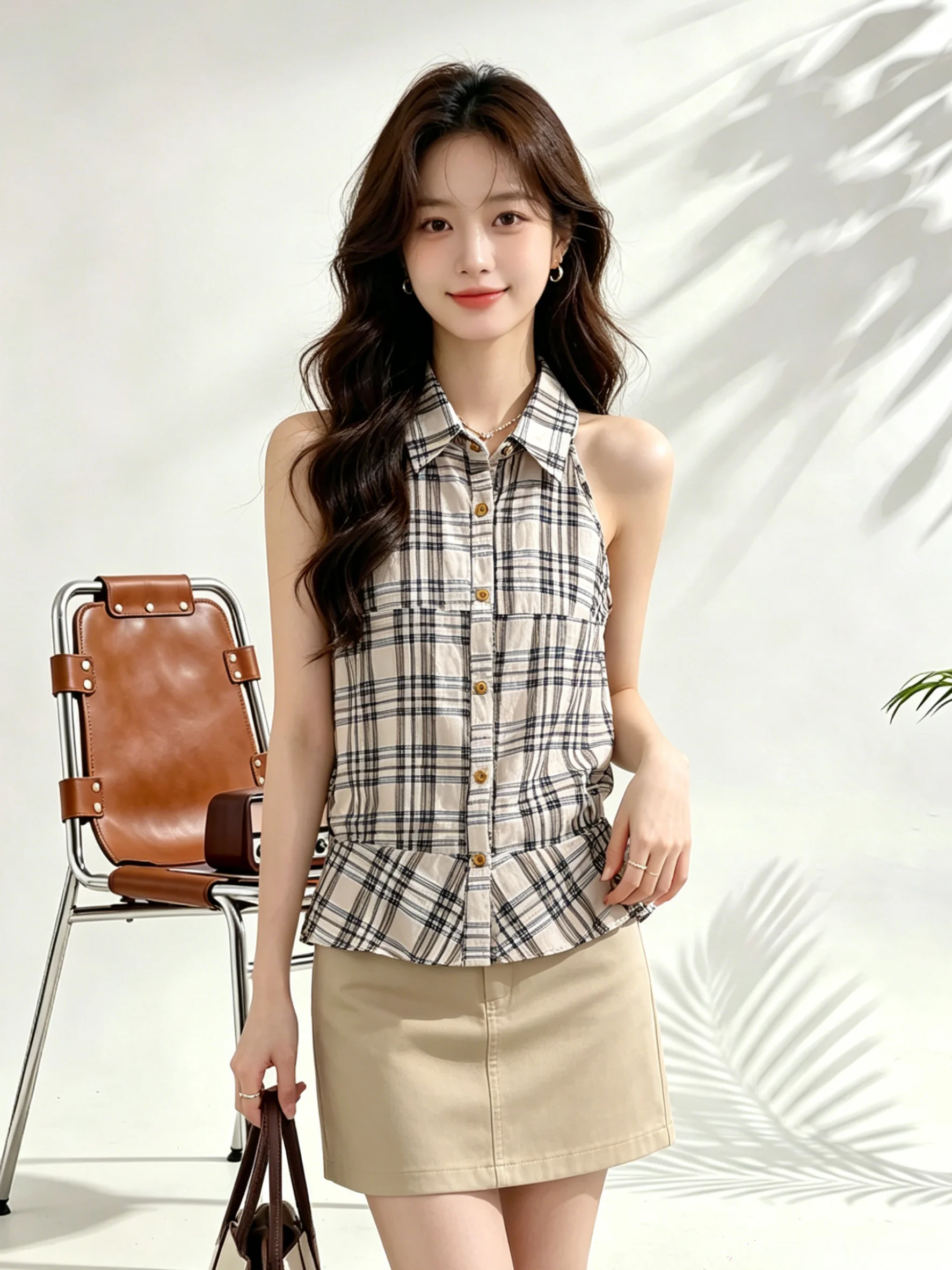

Retro Khaki Neck Sleeveless Plaid Vest Summer Outerwear Slimming Shirt Korean Style Loose Fit Breathable Short Length