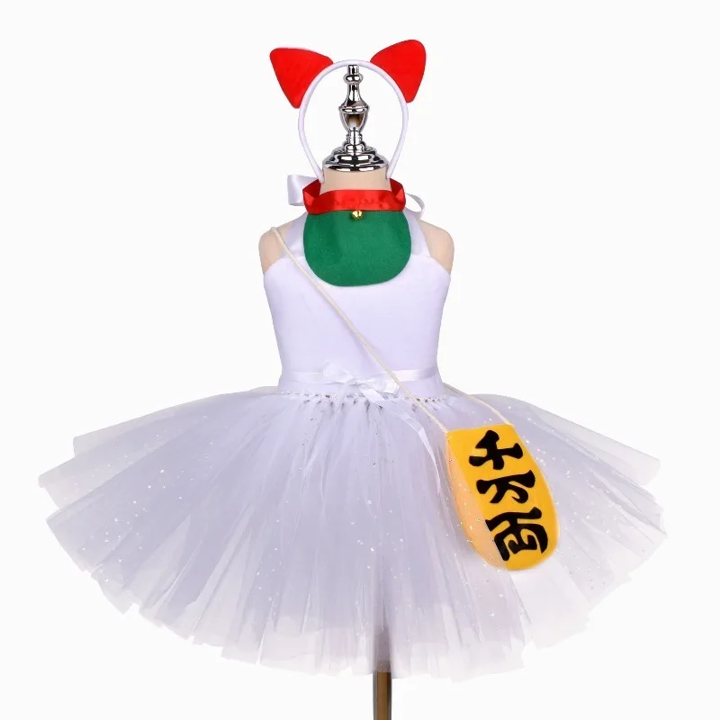 Little Girls' Lucky Cat Tulle Tutu Dress, Cute Animal Themed Role Play Costume for Toddlers, Halloween Celebration Outfit