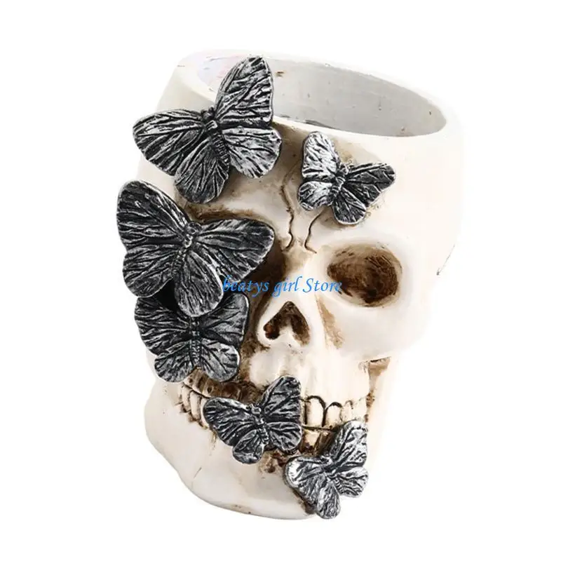 C7AB Halloween Skull Pen Cup Resin Pencil Cup Makeup Brush Organizers Storage Box Gothic Desk Decoration for Home Office