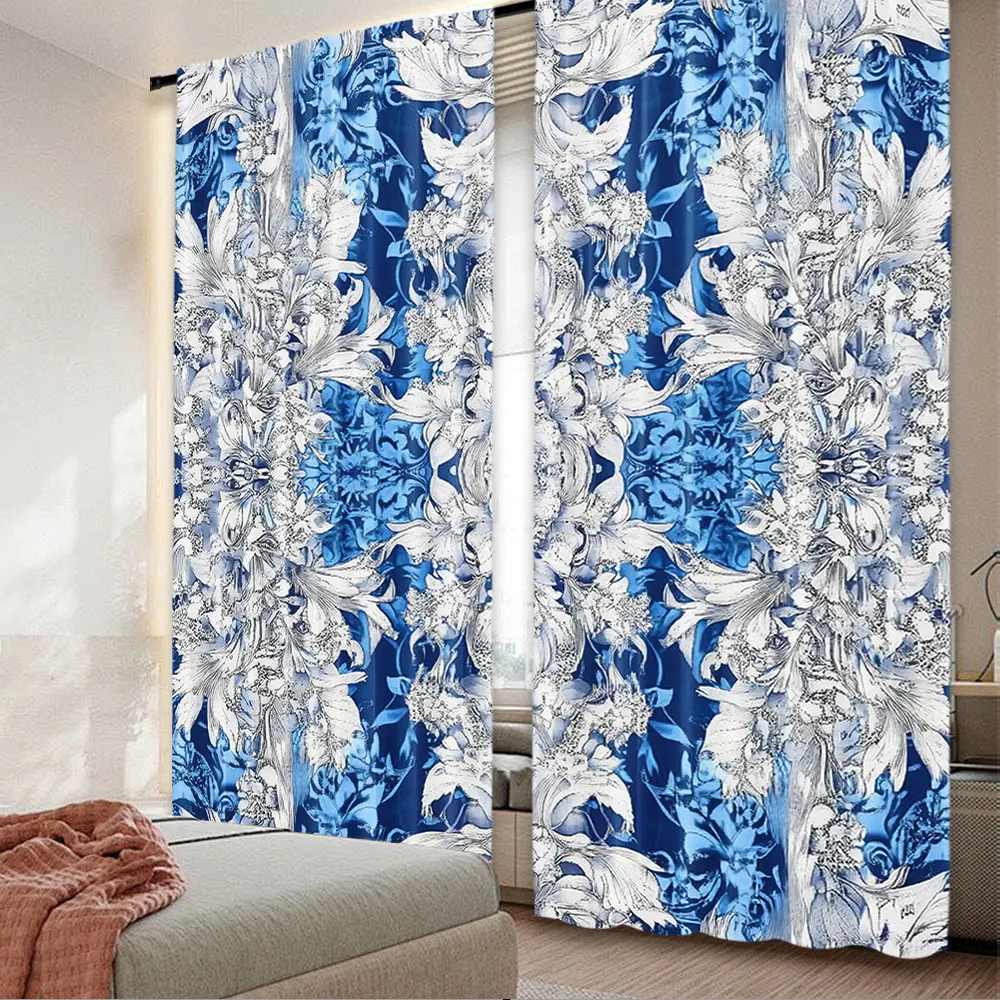 2Pcs Boho Vintage Floral Art Curtains Original Design White Flower Pattern Blue Flower Print Curtains For Bedroom Bathroom