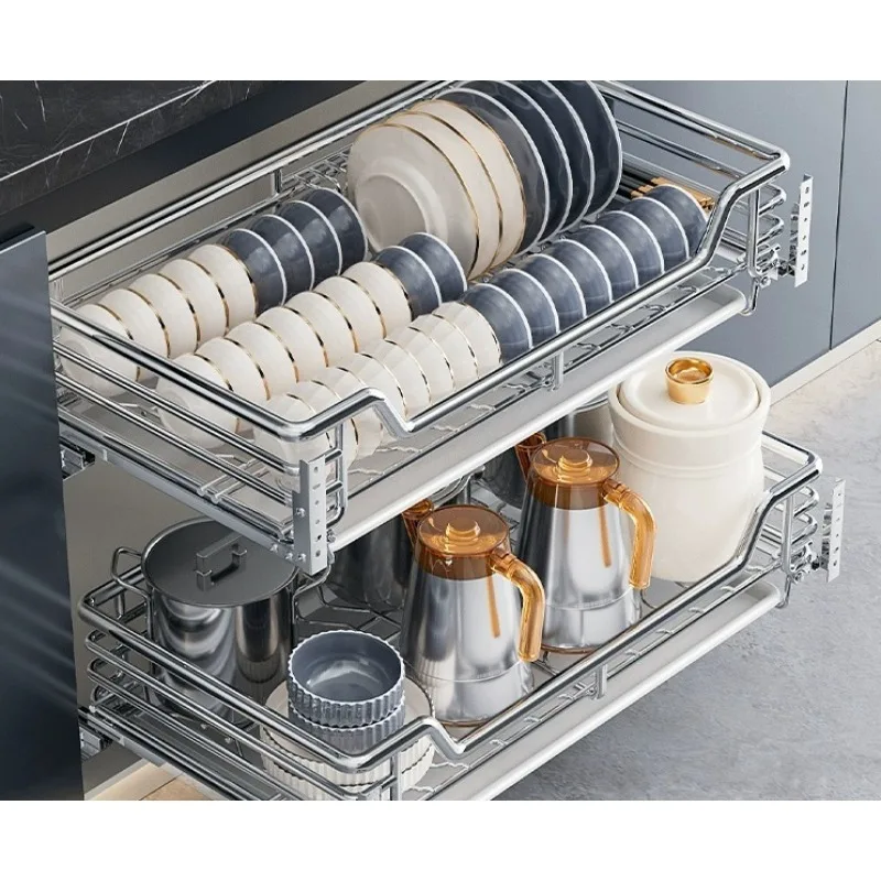 

Pull basket kitchen cabinet double drawer type