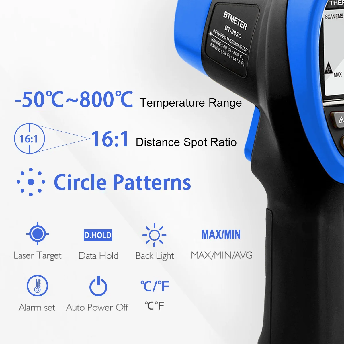 16:1 D:S&-50℃~800℃ Non-Contact Infrared Thermometer 985C with Hi/Lo Alarm 20 Data Memory Backlit LCD for HVAC/Engine/Food Safety