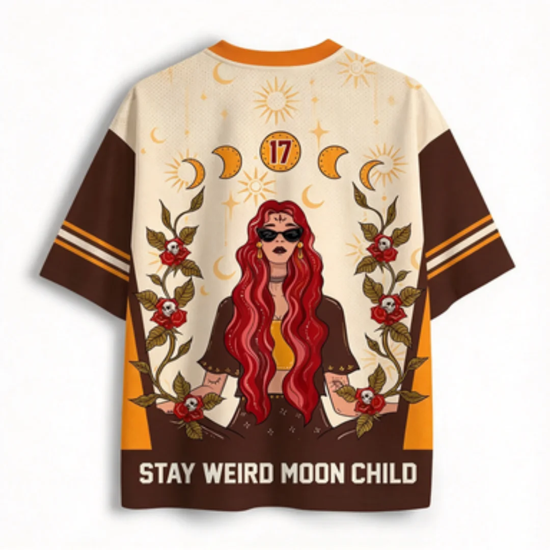 Red Haired Sunglasses, Witch V-neck Mesh Jersey, Retro Bohemian Mysterious Style, Loose Casual T-shirt