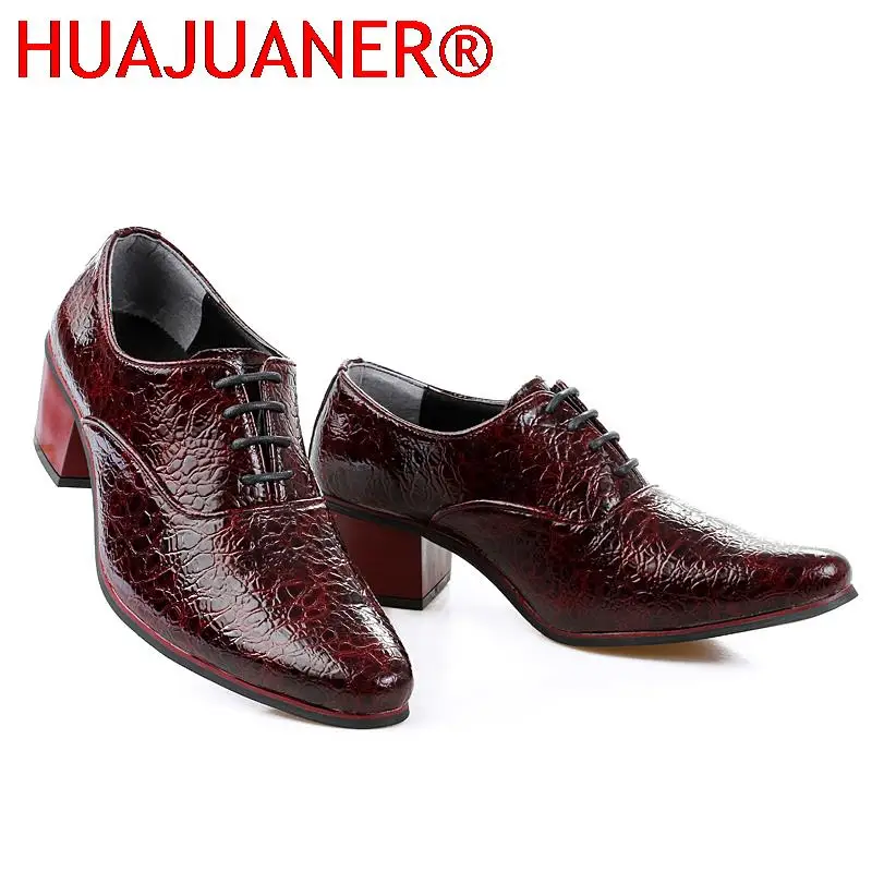 New Luxury Men Dress Wedding Shoes Crocodile Leather 6cm High Heels Fashion Pointed Toe Heighten Oxford Shoes Party Prom Shoe