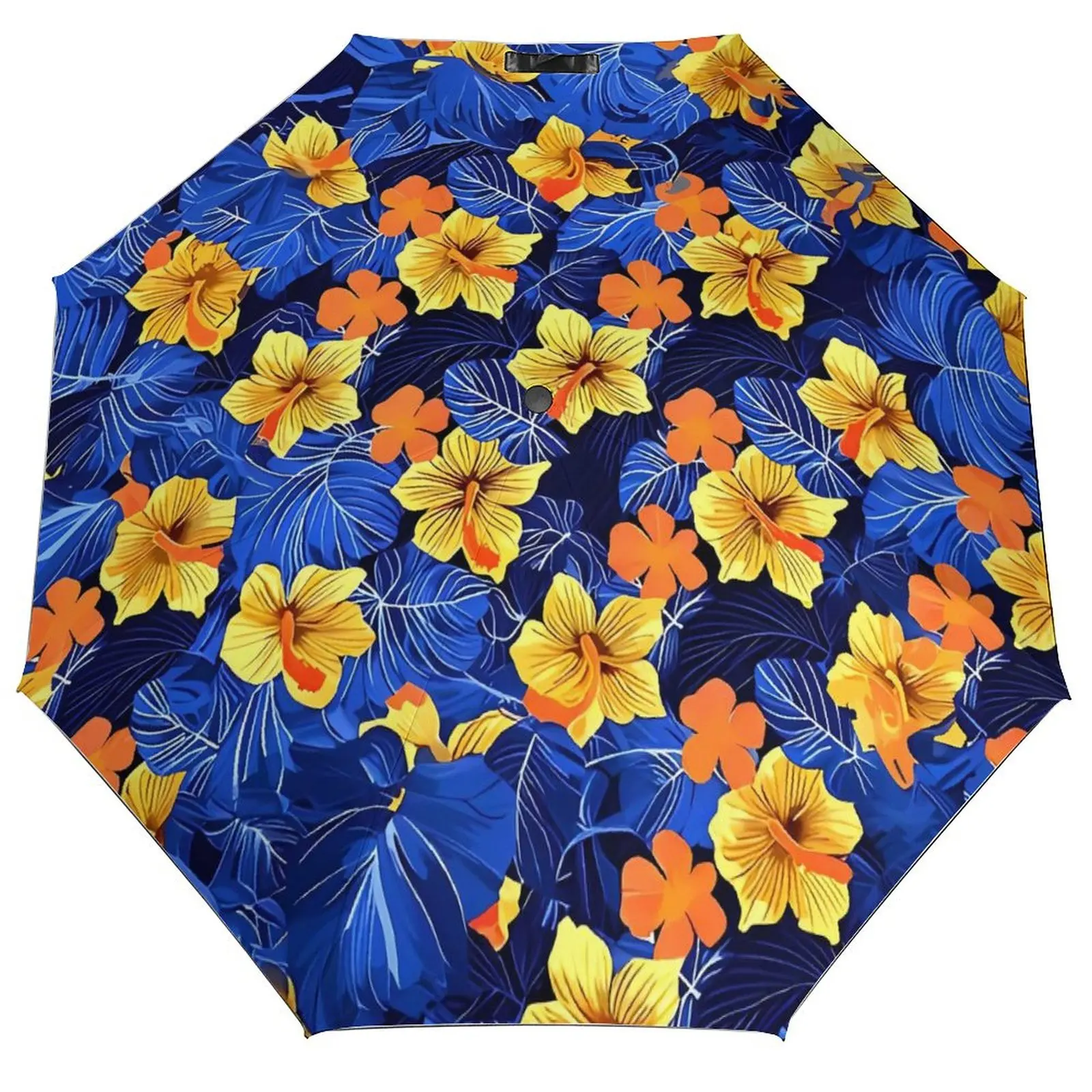 Tropical Flower Three Fold Auto Umbrella Hibiscus Floral Print Strong Umbrella Design Summer Rain And Sun UV Resistant Umbrella