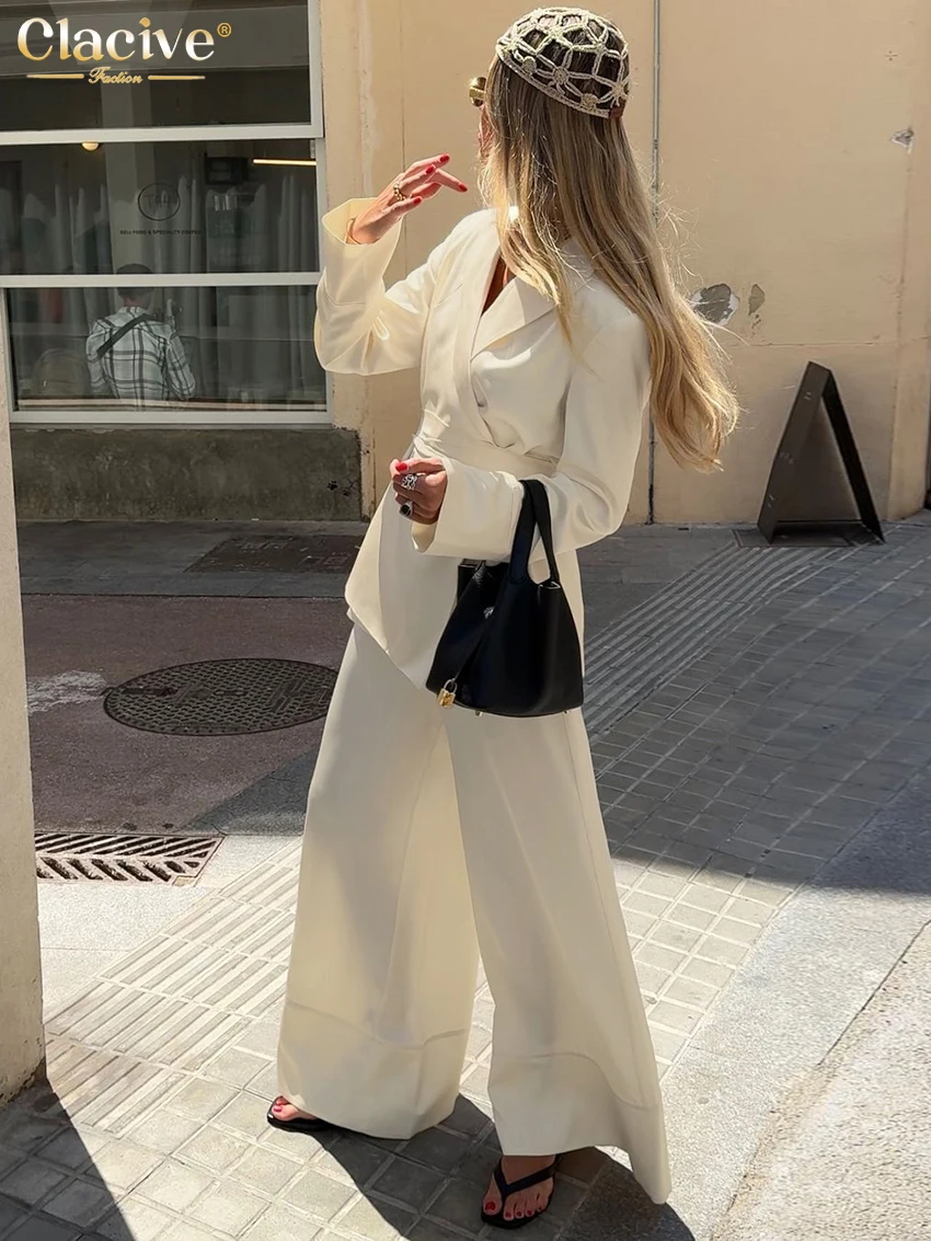 Clacive Fashion Loose Apricot Satin Women\'s Two Pieces Set 2024 Elegant Long Sleeve Shirt With High Waist Wide Pants Set Female