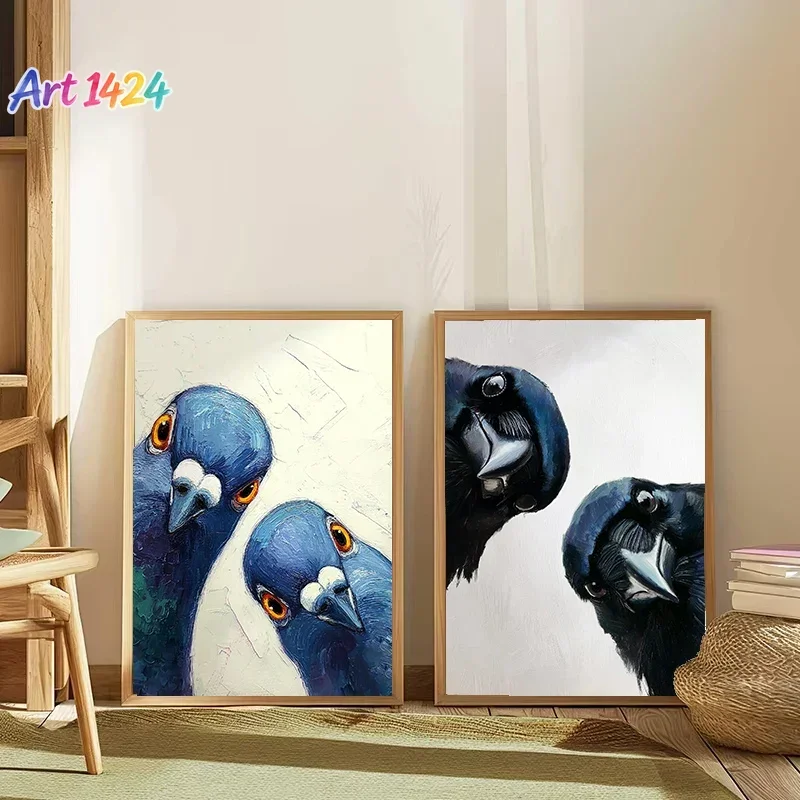 Whimsical Pigeons Crows Art Print, Mid Century Retro Bird Poster, Funny Animal Canvas Painting Wall Art for Kitchen Home Deco