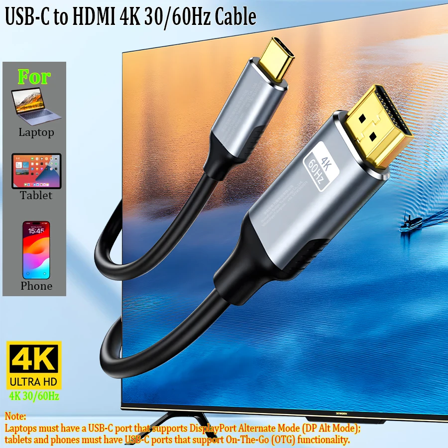 

Кабель USB-C - HDMI, длина 180 см, адаптер Type-C - HDMI 4K 30/60 Гц для MacBook, ноутбуков iPhone 17/16/15, телефонов iPad, планшетов Huawei, Samsung